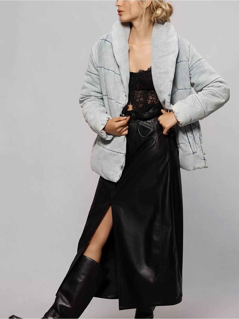 Avec Les Filles Light Gray Quilted Faux-Sherpa Puffer Jacket